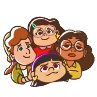 a group of cartoon girls with different expressions on their faces are standing next to each other