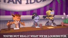 crash bandicoot is sitting at a table with two other characters