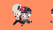 a couple of cartoon characters are walking and one of them is carrying another on his shoulders .