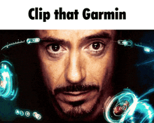 a close up of a man 's face with the words clip that garmin above him