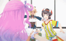 a group of anime girls are standing next to each other .