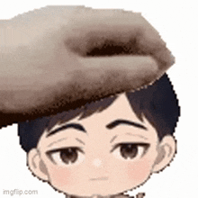 a hand is putting a donut on the head of a cartoon character .