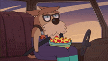 a dog with glasses and a beard is sitting in the back seat of a car eating chips
