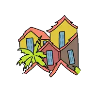 a cartoon drawing of a group of houses with a palm tree in the middle