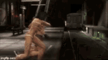 a woman is kneeling down in a video game while another woman is standing in the background .