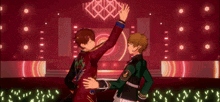 two anime characters are giving each other a high five on a stage
