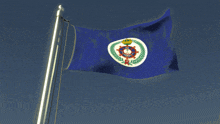 a blue flag with a white circle with a crown on it