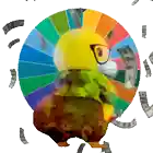 a cartoon duck with glasses is standing in front of a colorful wheel with money falling around it