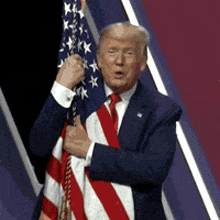 a man in a suit and tie is holding a flag