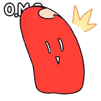 a cartoon drawing of a red object with a yellow crown and the word om on it