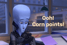 a cartoon character is sitting in front of a window and says ooh corn points