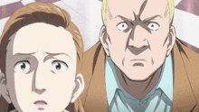 a man and a woman looking at each other with their eyes wide open