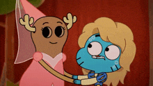 a cartoon character in a pink dress is hugging another character in a blue dress