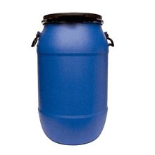 a blue plastic barrel with two handles and a black lid on a white background .