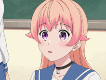 a girl with pink hair and purple eyes looks surprised