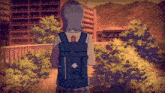 a girl with a blue backpack stands in front of a city