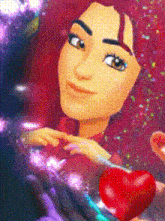 a girl with red hair is holding a red heart in her hands