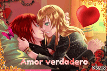 a picture of a girl kissing another girl with the words amor verdadero in the corner