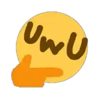 a yellow emoji with a hand pointing at it and the word uwu on it .