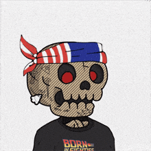 a cartoon drawing of a skull wearing a born in eighties t-shirt