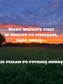 a sunset over a grassy field with the words kiedy wszyscy stali w kolejce po pieniadze