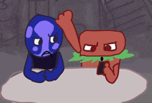 two cartoon characters are sitting at a table and one has a hamburger on it