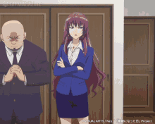 a man in a suit and tie stands next to a woman in a blue suit with purple hair