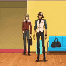 two anime characters standing next to each other with a blue couch in the background