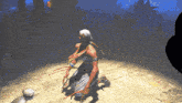 a video game character is kneeling down with a snake around her neck