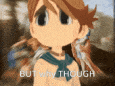a picture of a boy with the words but why though below him