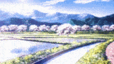 a painting of a landscape with mountains in the background and flowers in the foreground