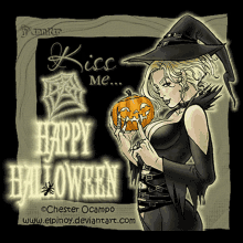 a picture of a witch holding a pumpkin with the words kiss me happy halloween