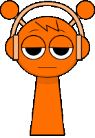 an orange cartoon character wearing headphones with a sad look on his face .