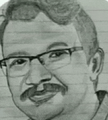 a close up of a man with glasses and a mustache .