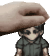 a pixel art of a hand putting something on a person 's head .