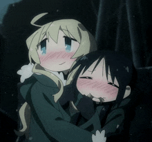 a couple of anime characters hugging each other with one making a face