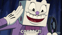 a cartoon character with a box on his head says correct !