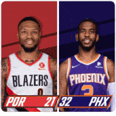 two basketball players one from the blazers and the other from the phoenix suns