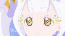 a close up of a girl 's face with white hair and a purple background
