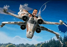 a painting of a man riding a star wars x-wing fighter jet