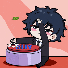 a cartoon of a person pressing a buy button