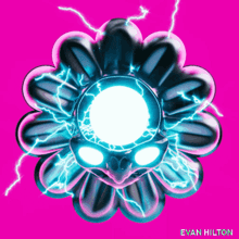a drawing of a flower with lightning and the name evan hilton below it