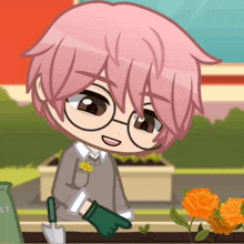 a boy with pink hair is holding a shovel in his hand