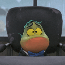 a cartoon character in a suit and bow tie is sitting in an office chair