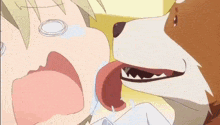 a dog is licking a child 's face in a cartoon