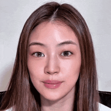 a close up of a woman 's face with brown hair