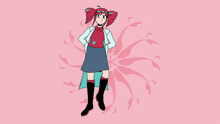 a cartoon drawing of a girl in a lab coat standing on a pink background