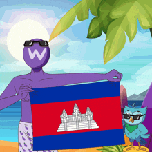 a man with a w on his head holds a cambodia flag