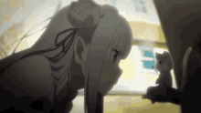 a girl with white hair looks at a stuffed cat