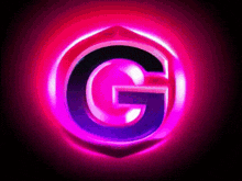 the letter g is glowing in a purple and pink circle